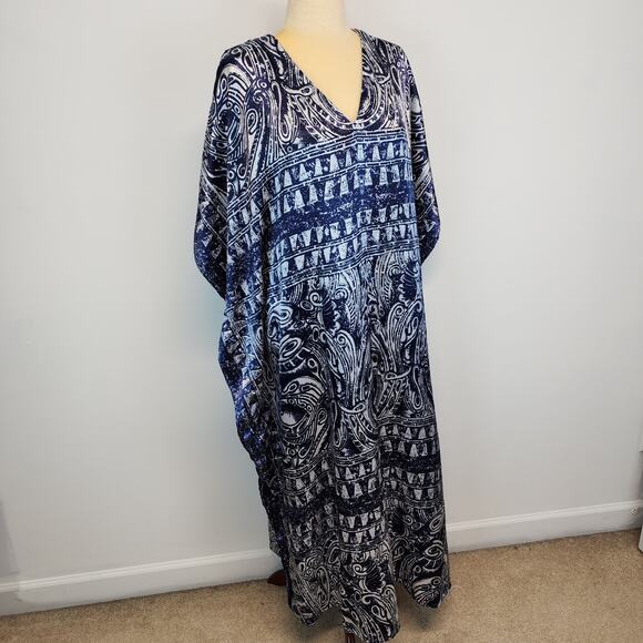 Vintage Winlar Satin Kaftan Moo Moo Mumu Porch Dress Blue Geometric One Size - Picture 2 of 9